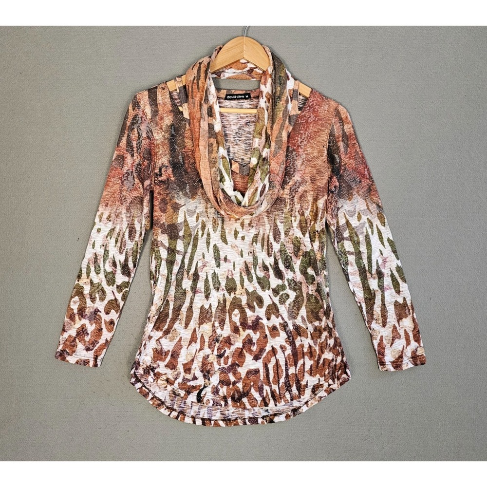 David Cline Scarf & Top Set Womens M Brown Artsy Print Crushed Knit L/S 4896